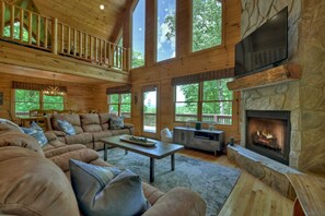 Televisión, chimenea, libros y oficina 