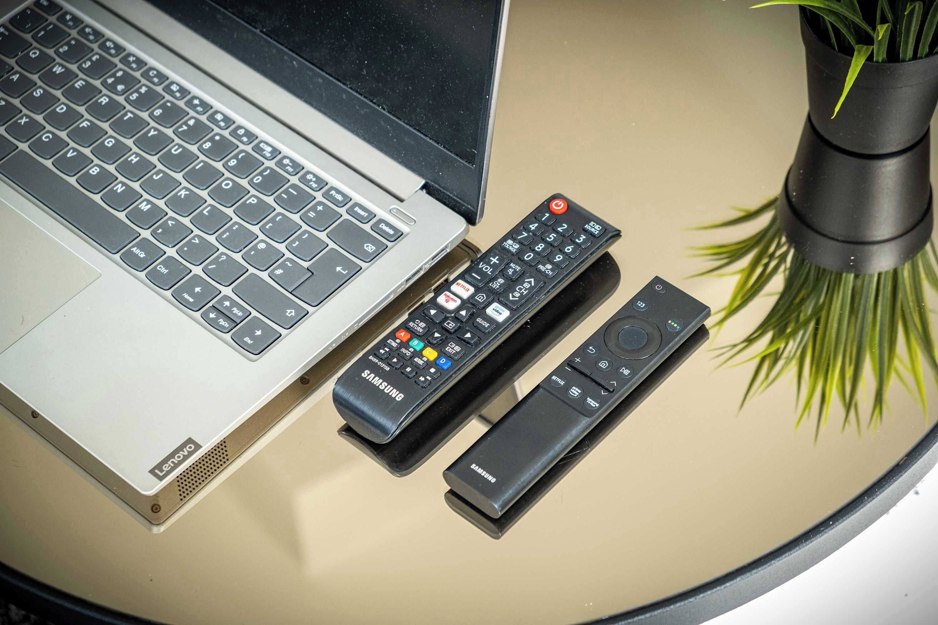 Un ordinateur portable, deux télécommandes et une plante en pot sur une table.