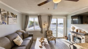 Smart TV, chimenea y libros
