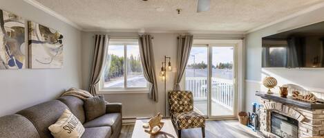 Smart TV, fireplace, books