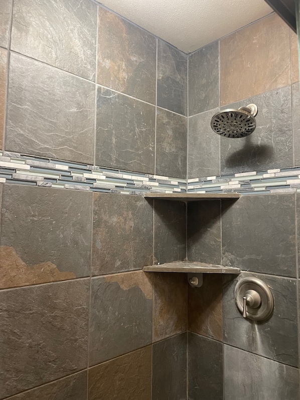 Tina con regadera, secadora de cabello, bidet, toallas 