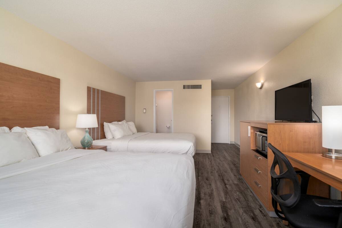 Une chambre d’hôtel avec deux lits, un bureau avec une chaise, une télévision et un four à micro-ondes.