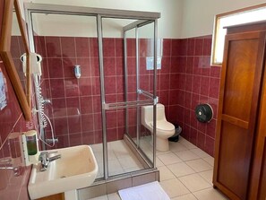 Ein Badezimmer mit einer Duschkabine, einem Waschbecken, einer Toilette und einer Holztür.