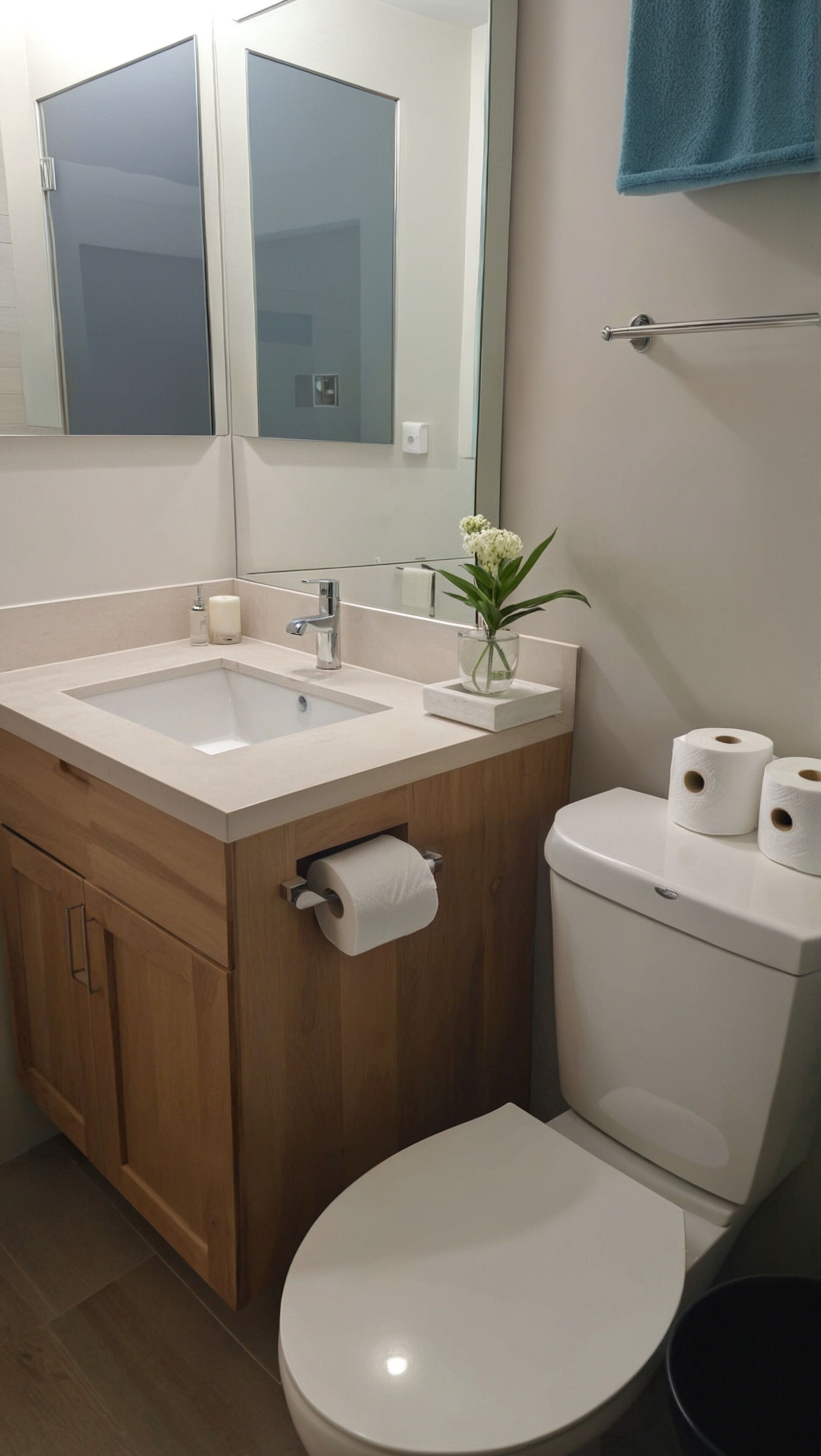 Ein Badezimmer mit einem Holzbadschrank, zwei Waschbecken, einer Toilette und einem Spiegel.