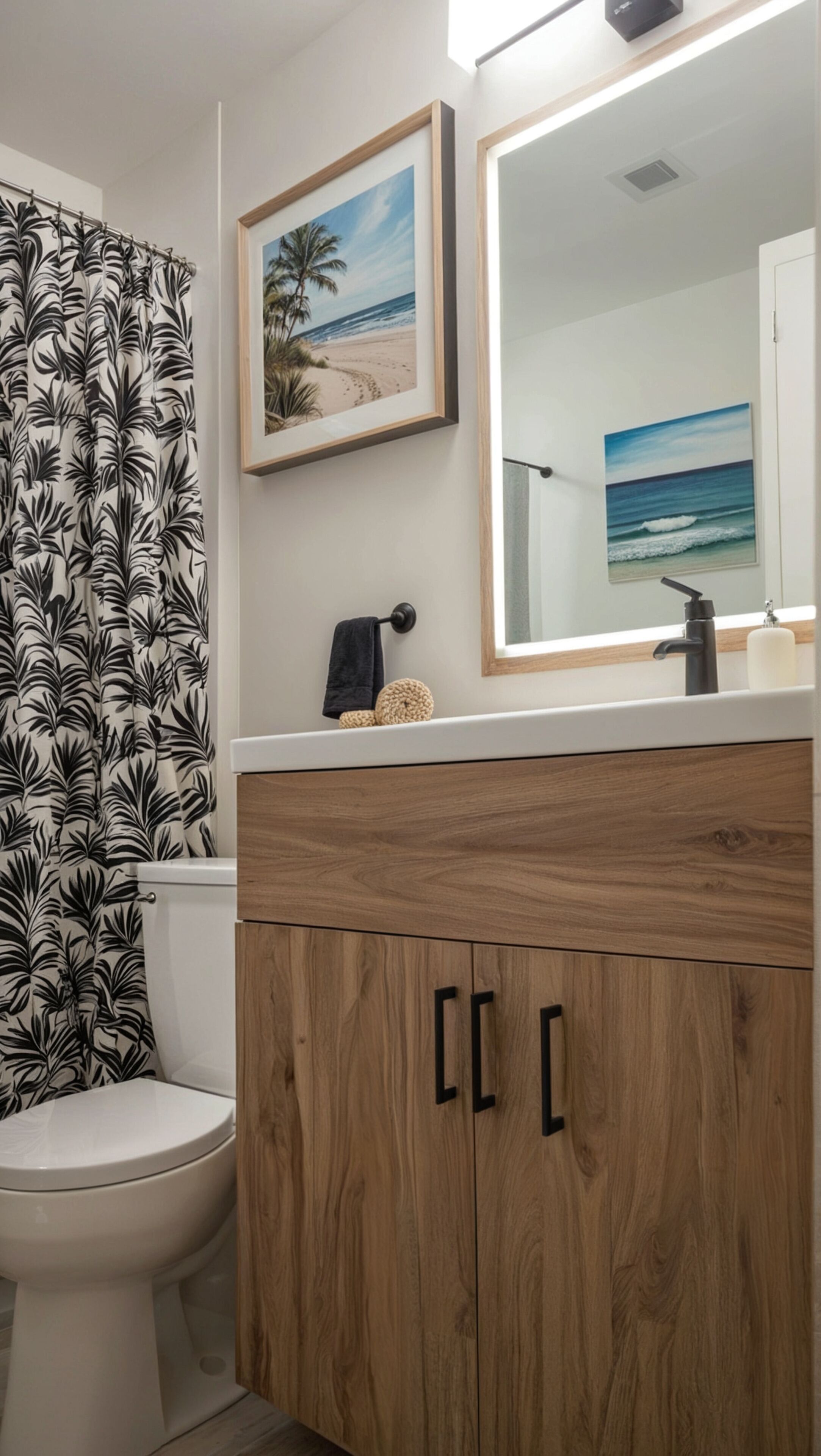 A bathroom with a toilet, a shower curtain with a leaf pattern, wooden cabinets, a mirror, and framed beach paintings on the wall.