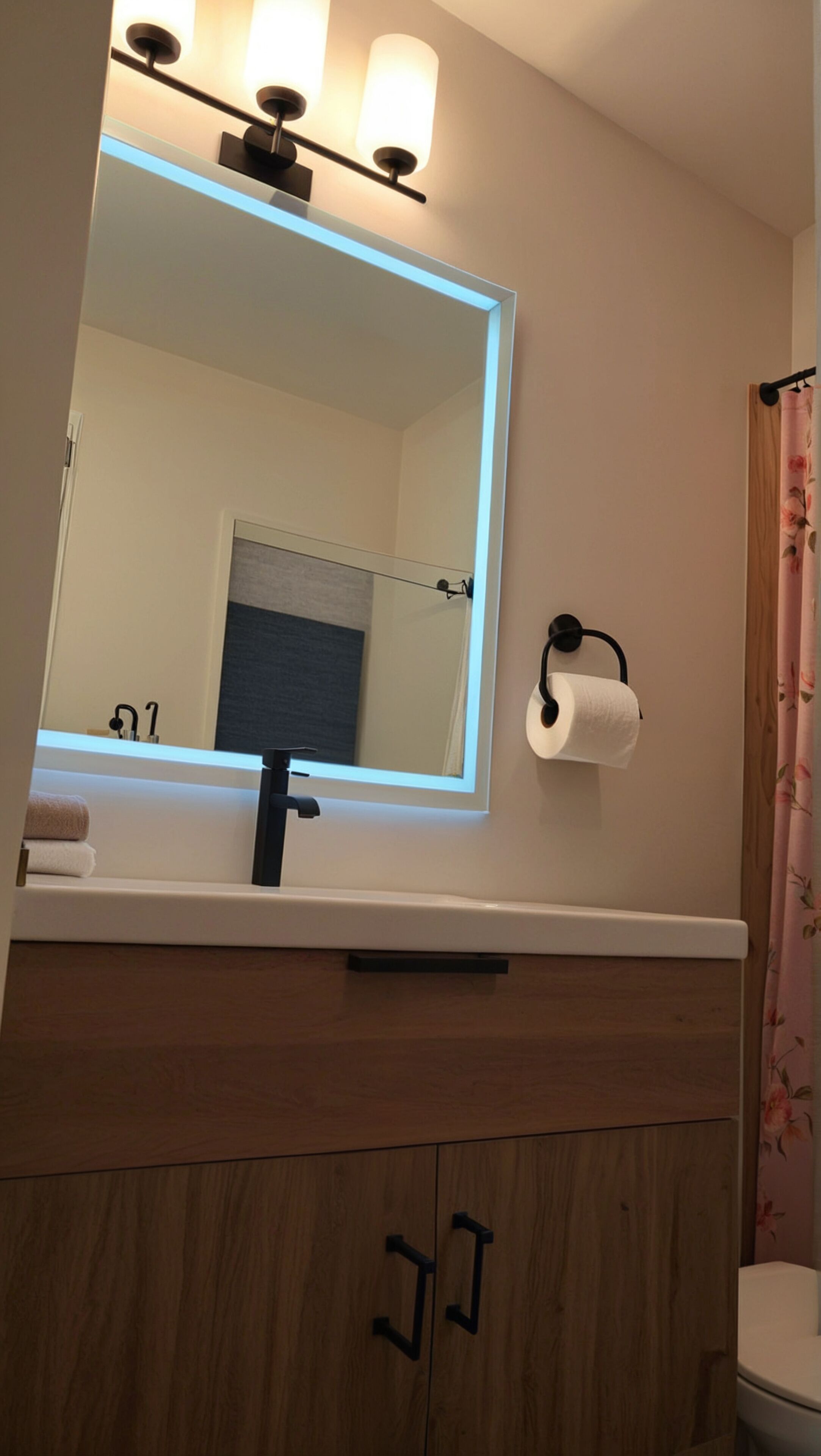A bathroom with a mirror, sink, and toilet.