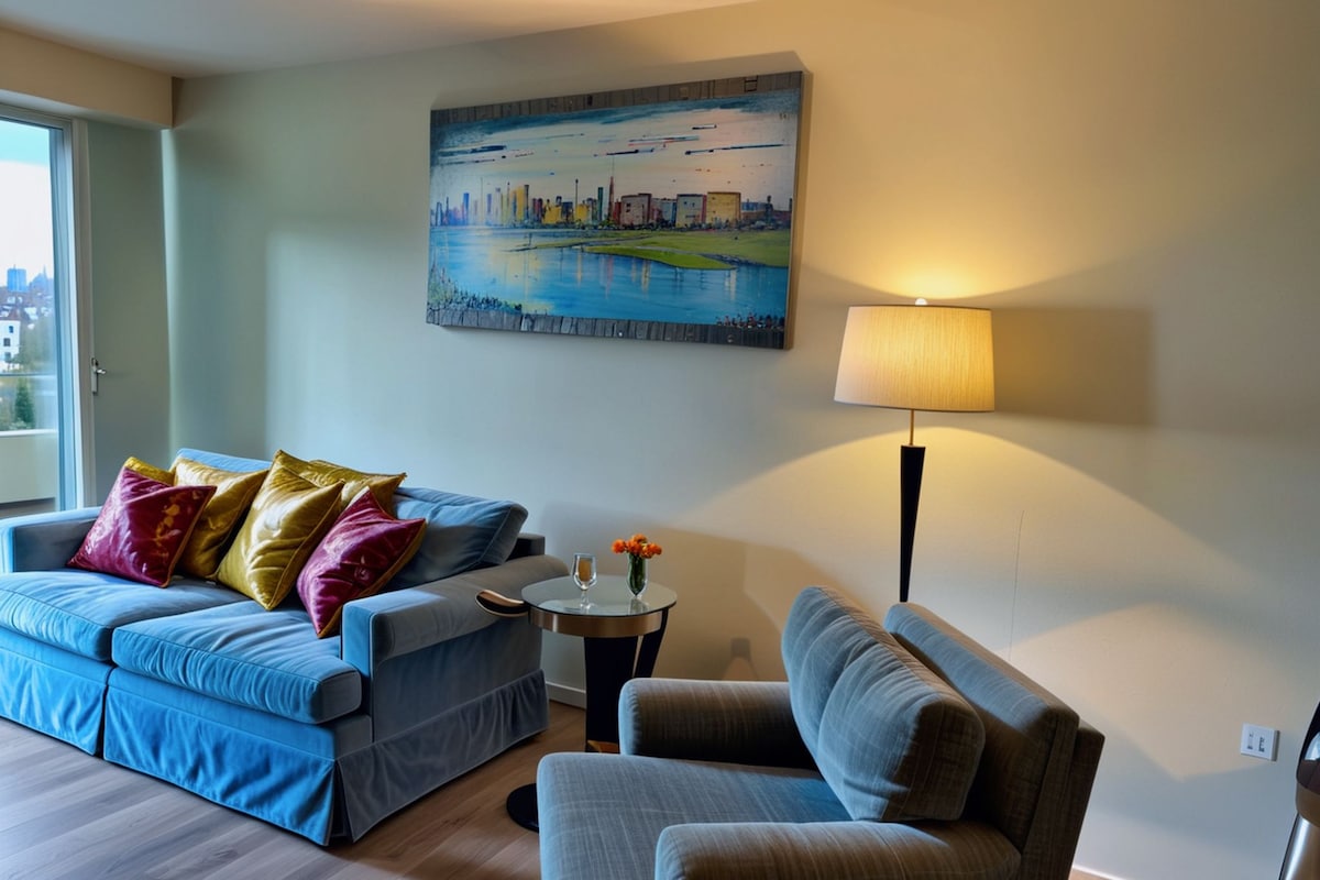A modern living room with a blue sofa, a grey armchair, and a small table with a vase of flowers. A painting of a cityscape hangs on the wall, and a lamp is on a side table.