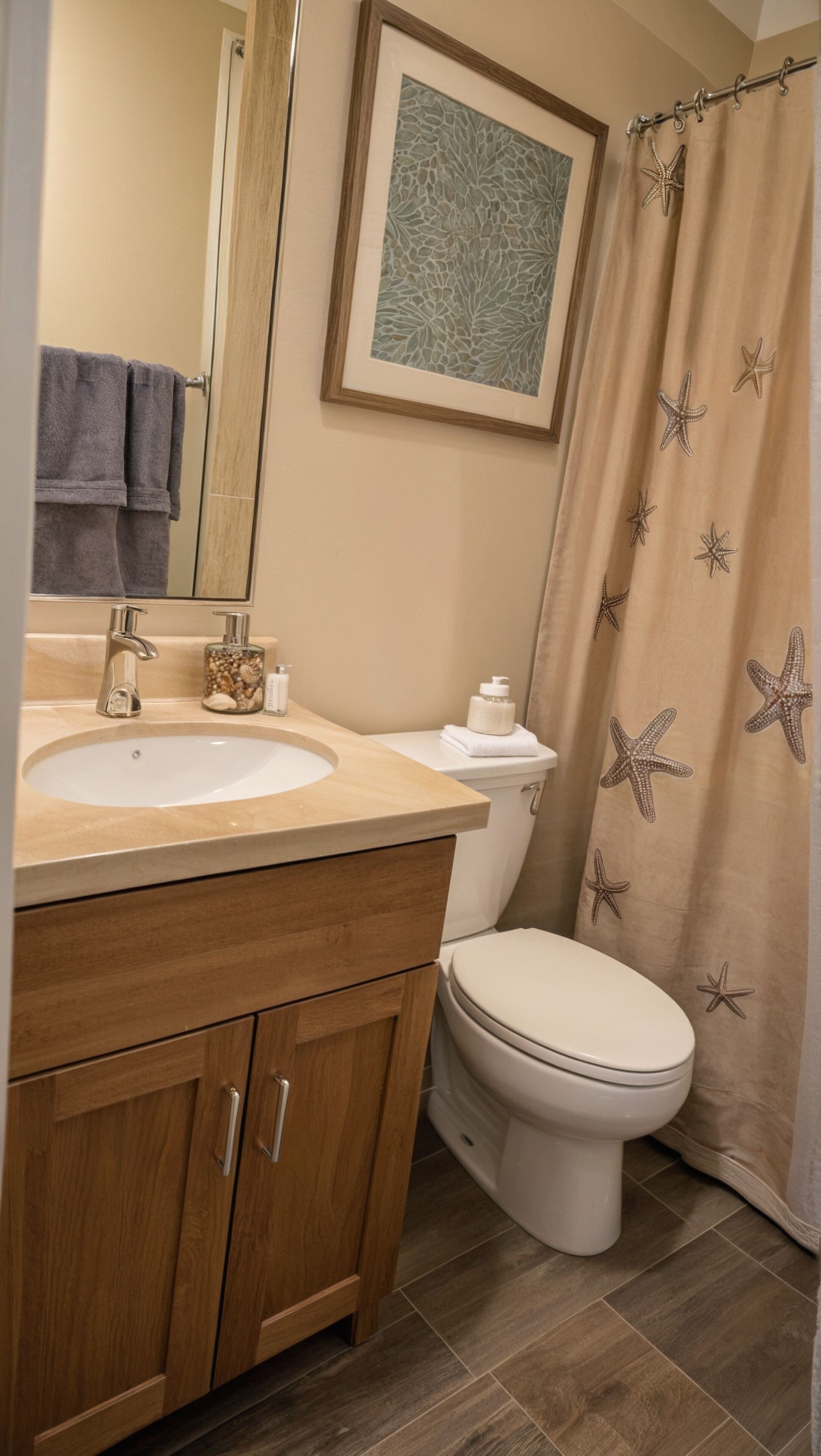 Un baño con lavamanos, espejo, inodoro y cortina de ducha.