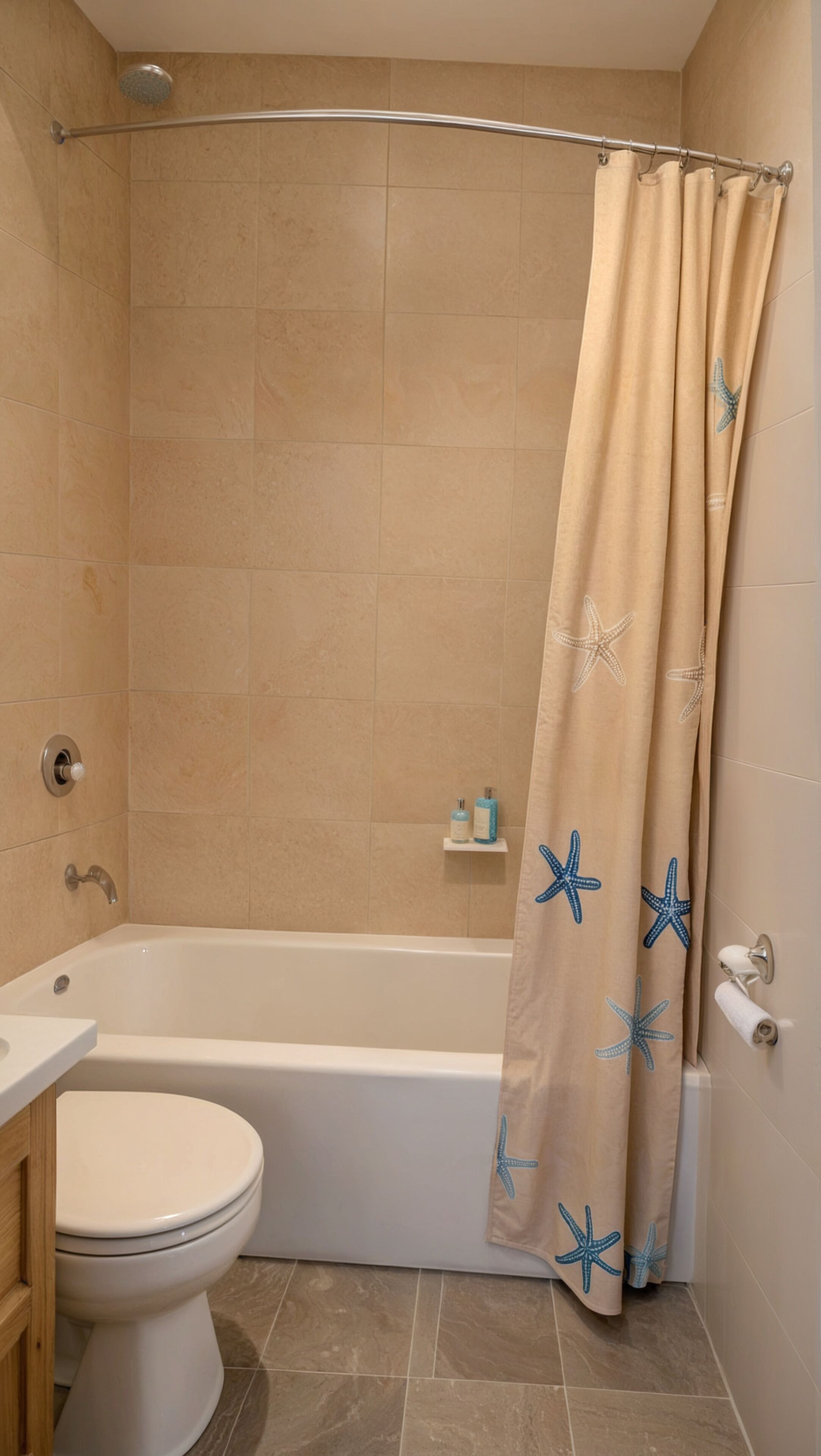 Un baño con bañera, inodoro y cortina de ducha con diseño de estrellas de mar.