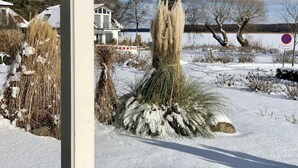 Lumipeitteinen maisema, jossa on talo, järvi ja liikennemerkki, joka kieltää pysäköinnin.