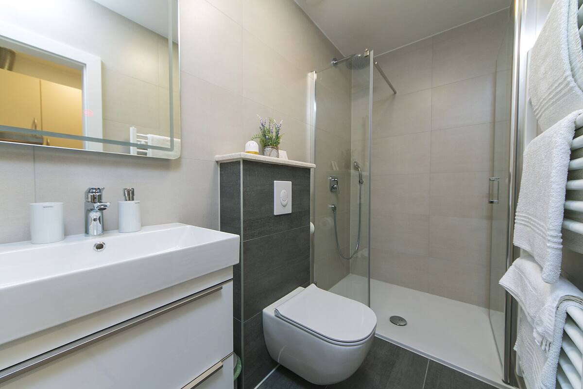 Une salle de bain moderne avec une douche à parois de verre, un lavabo blanc et des toilettes.