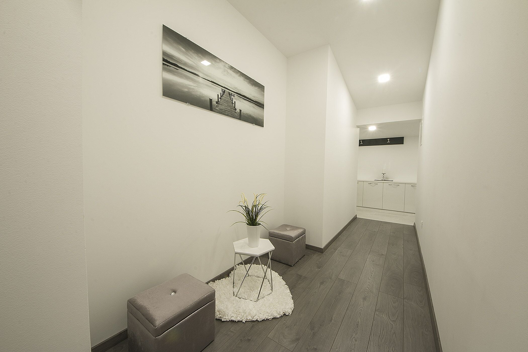 Un couloir au design moderne, avec un mur blanc, un plancher en bois gris et un petit tabouret blanc agrémenté d’une plante.
