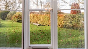 A view through a window of a garden with a bench, grass, and trees.