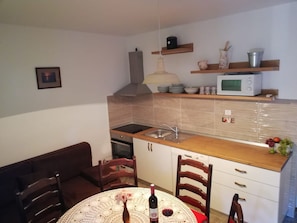 Apartment (A4) | Private kitchen | Fridge, microwave, oven, stovetop - Apartments Rogac (Solta)