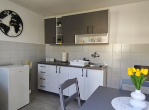 Estudio (Studio Apartment with Terrace) | Cocina privada | Refrigerador y comedor