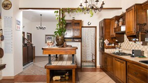 A kitchen with wooden cabinets, a chandelier, and a potted plant.