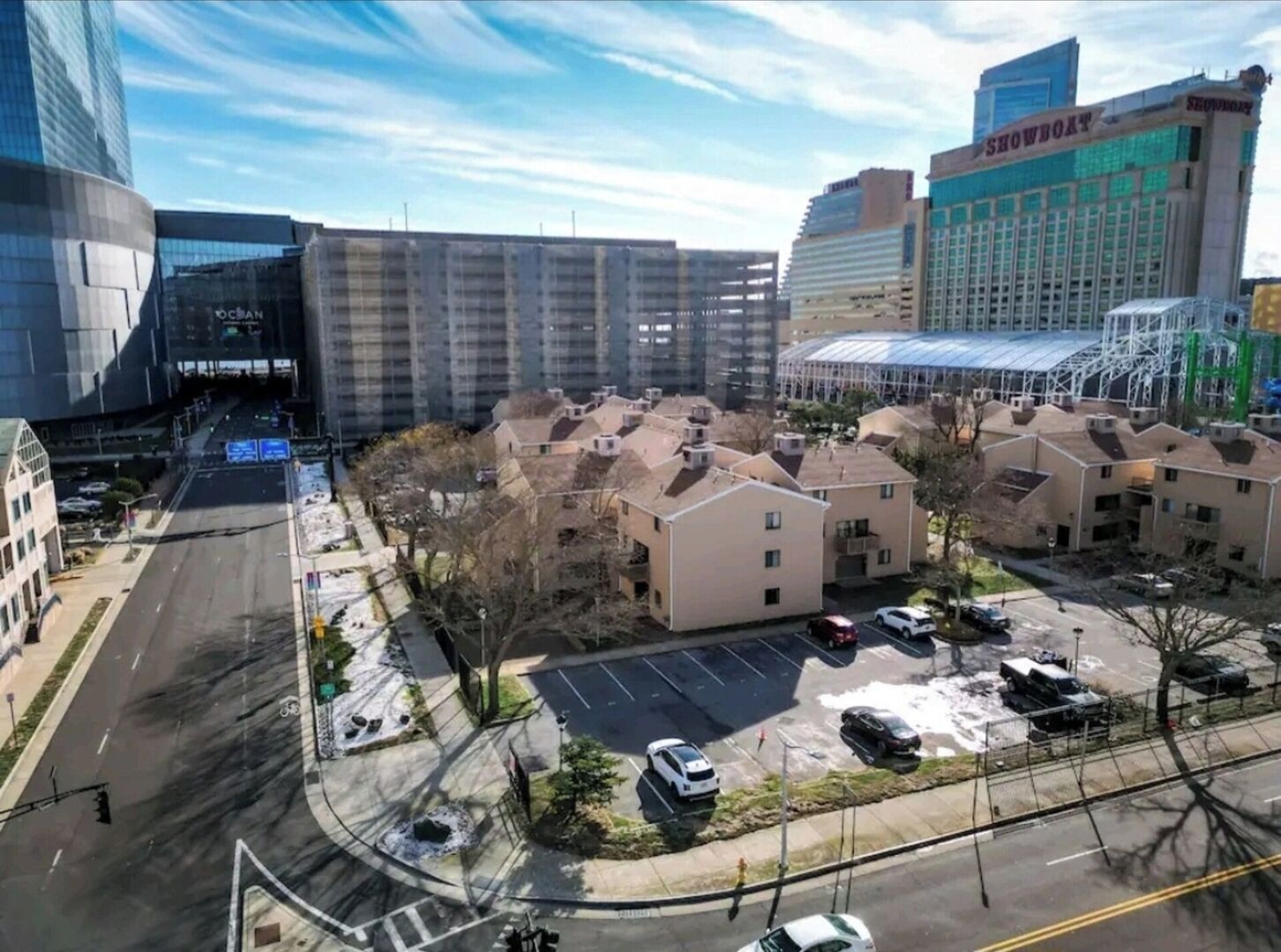 A hotel complex with multiple buildings, including a casino.