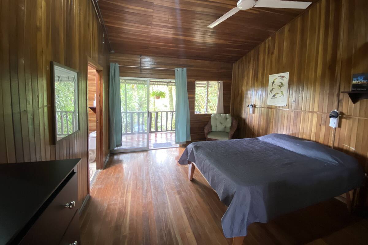 A wooden room with a bed, a chair, a ceiling fan, and a door leading to an outdoor area.