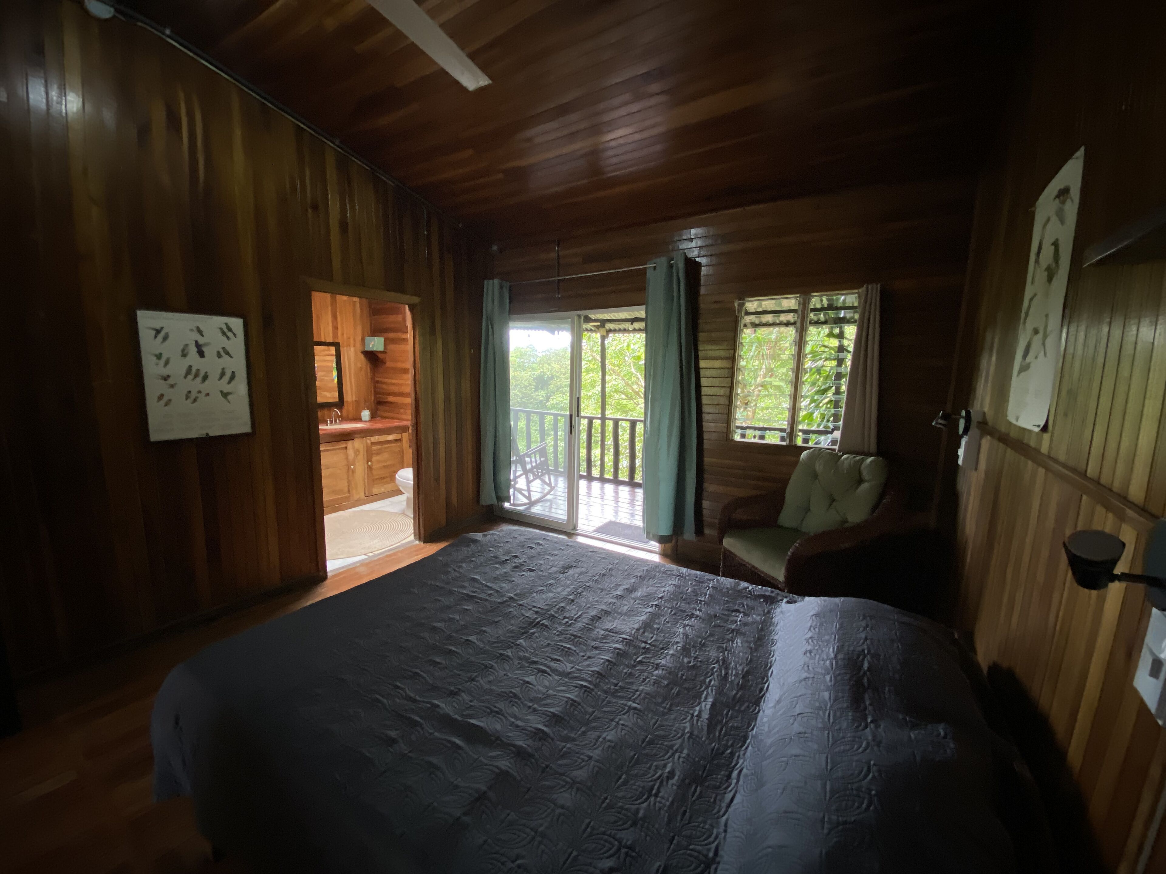 A wooden cabin room with a bed, a small seating area, and a balcony with a view of greenery.