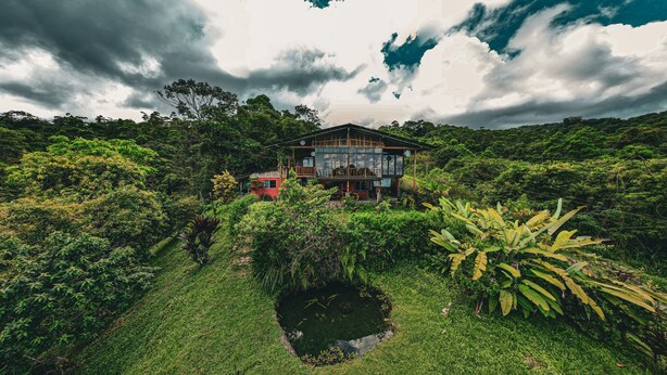 Une maison entourée d’une végétation luxuriante, avec un étang au premier plan.
