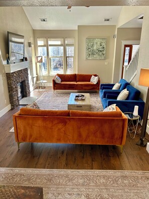 Smart TV, chimenea y libros 