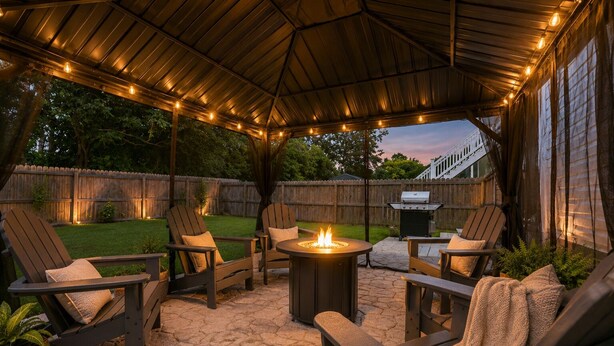 An outdoor patio with wooden chairs, a round table, and a fire pit. - Private home along New River NC (Sneads Ferry)