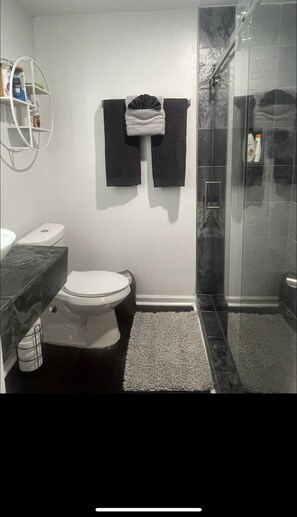 Shower, hair dryer, towels, soap