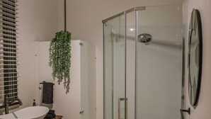 A modern bathroom with a glass shower enclosure, a wooden vanity with a vessel sink, a hanging plant, and patterned floor tiles.
