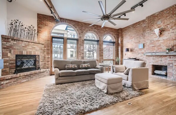 TV, fireplace, books, stereo