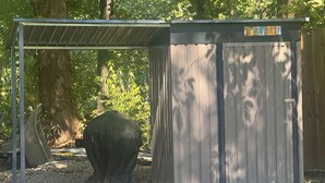 A metal shed with a roof, a covered object, and a gravel ground.