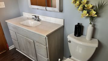 Combined shower/tub, hair dryer, towels, soap