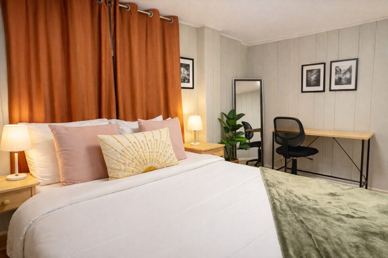 1 bedroom, desk, iron/ironing board, travel cot