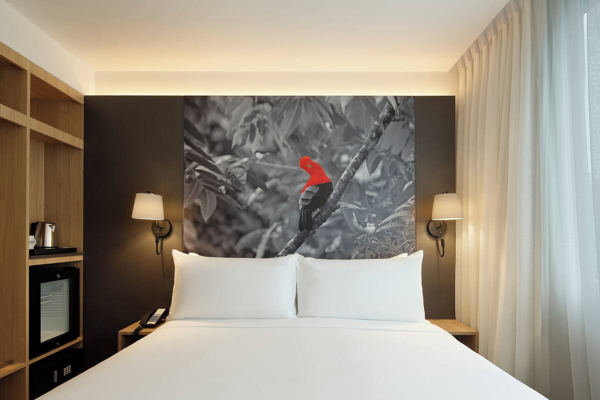 A hotel room with a bed, two bedside lamps, a nightstand with a phone, a TV, and a wall-mounted artwork of a bird.