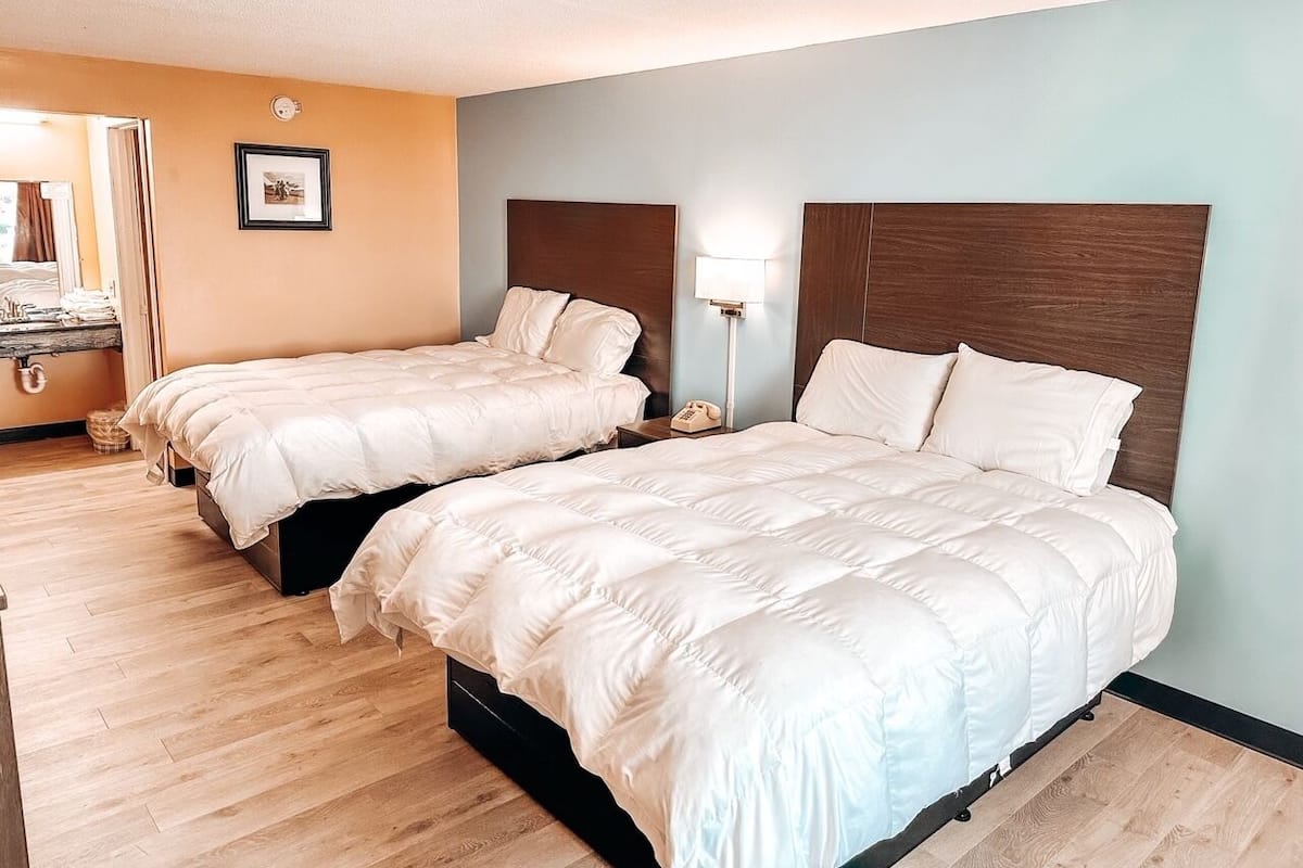 Une chambre d’hôtel avec deux lits, un plancher en bois, un mur bleu clair et un tableau encadré accroché au mur.