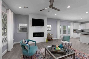 Smart TV, fireplace, books