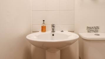 Ein Waschtisch mit Seifenspender, ein Spiegel und ein Schild mit der Bitte, Müllbehälter für Hygieneartikel zu nutzen.
