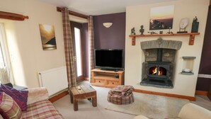 A living room with a fireplace, a television, and a sofa. - 2 Yr Hen Felin (Haverfordwest)