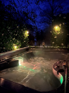 A hot tub with a view of the night sky and surrounding foliage.