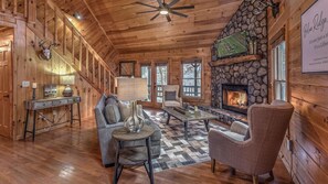 TV, fireplace, foosball