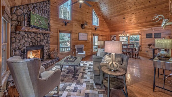 TV, fireplace, foosball