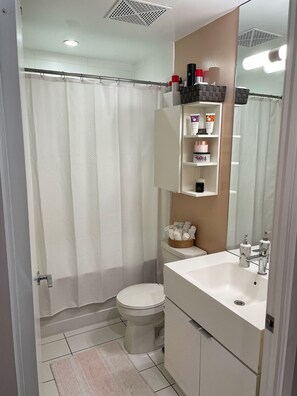 Secadora de cabello, bidet, toallas, jabón