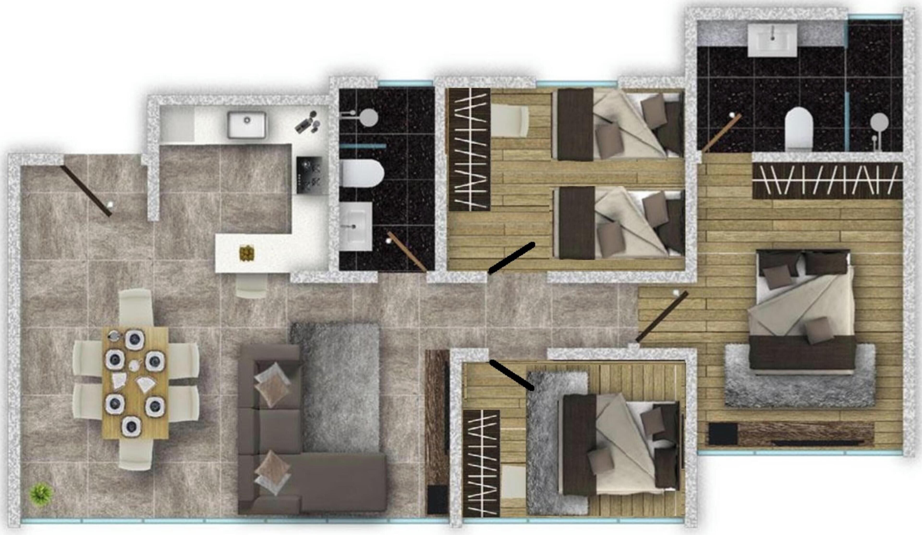 Distribución de un hotel que incluye un comedor, una sala de estar, un dormitorio y un baño.