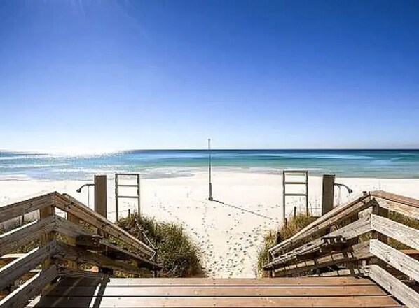 On the beach, sun loungers