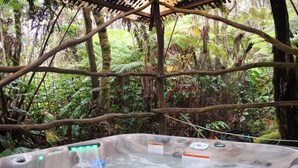 A hot tub in a forested area with natural surroundings. - Tree House in Volcano Rainforest with a Hot Tub (Volcano)