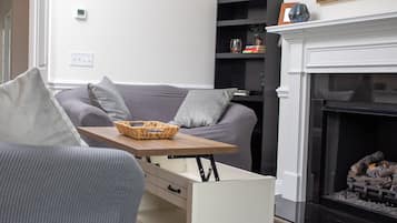 Smart TV, fireplace, books, computer monitors
