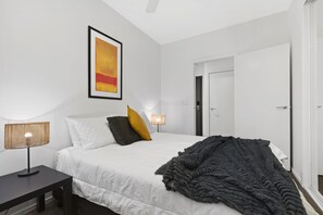 1 bedroom, desk, iron/ironing board, travel cot