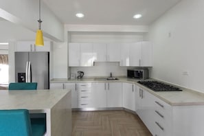 Fridge, microwave, stovetop, coffee/tea maker