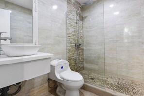 Shower, hair dryer, towels, soap
