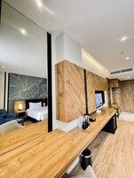 In-room safe, desk, laptop workspace, blackout curtains