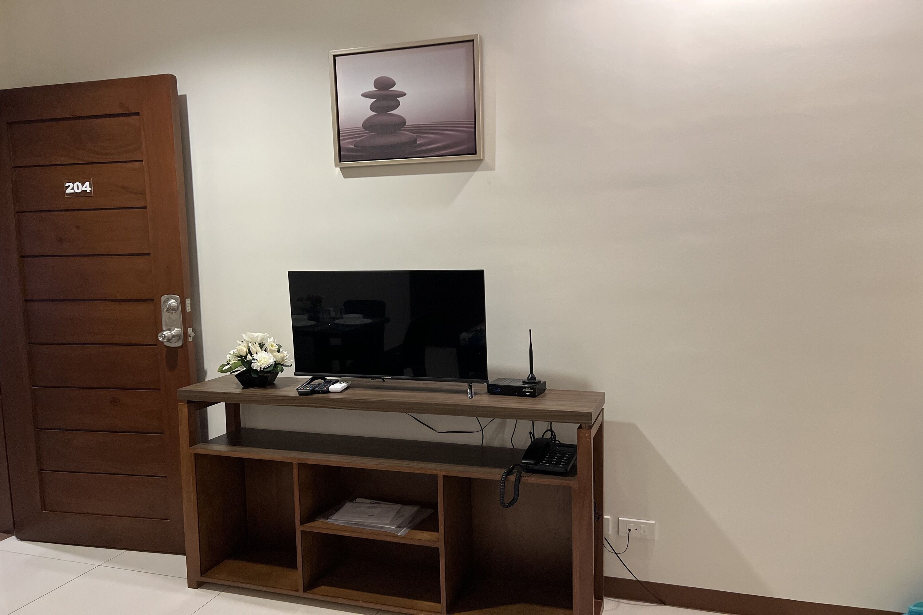 A room with a wooden door marked 204, a television on a wooden stand, a small shelf with papers, and a framed picture on the wall.